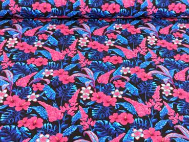 Baumwolljersey I Want Summer Blumen KATINOH Blau / Pink